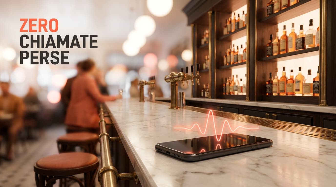 Agente vocale AI per ristoranti: smartphone con chiamata attiva e onda vocale coral, assistente AI e calendario prenotazioni accanto, calice e tovagliolo su tavolo, illustrazione 3D isometrica soft