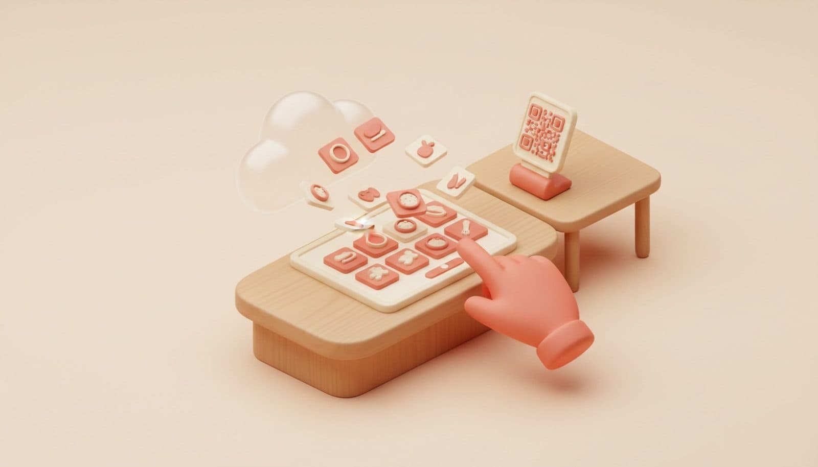 Illustrazione 3D isometrica soft su come aggiornare il menu digitale: mano che modifica i piatti su un tablet appoggiato al bancone, cloud che sincronizza il QR sul tavolo, palette coral e crema