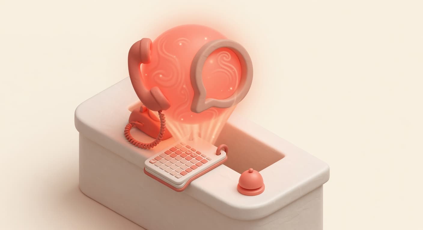 AI receptionist per ristorante: un bancone reception dove la cornetta del telefono e la chat WhatsApp confluiscono in un unico calendario, illustrazione 3D isometrica soft