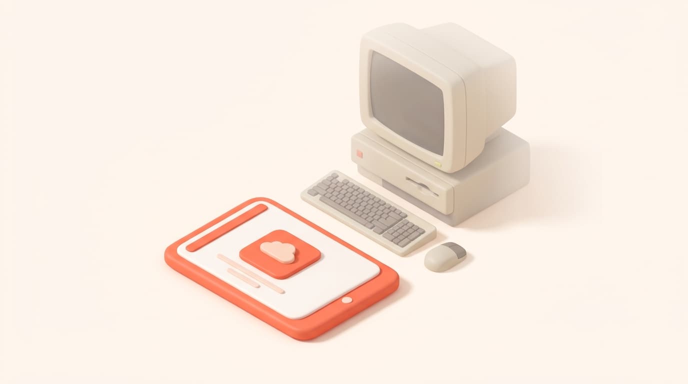 Scena 3D isometrica in coral e cream sul tema alternativa a Passepartout per ristoranti: un gestionale cloud su tablet accanto a un computer desktop tradizionale che sfuma, senza loghi e senza testo