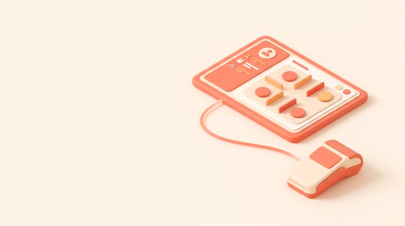 Scena 3D isometrica in coral e cream sul tema alternativa a SumUp per ristorante: un piccolo lettore di carte POS accanto a un tablet con dashboard di prenotazioni e mappa sala, senza loghi e senza testo