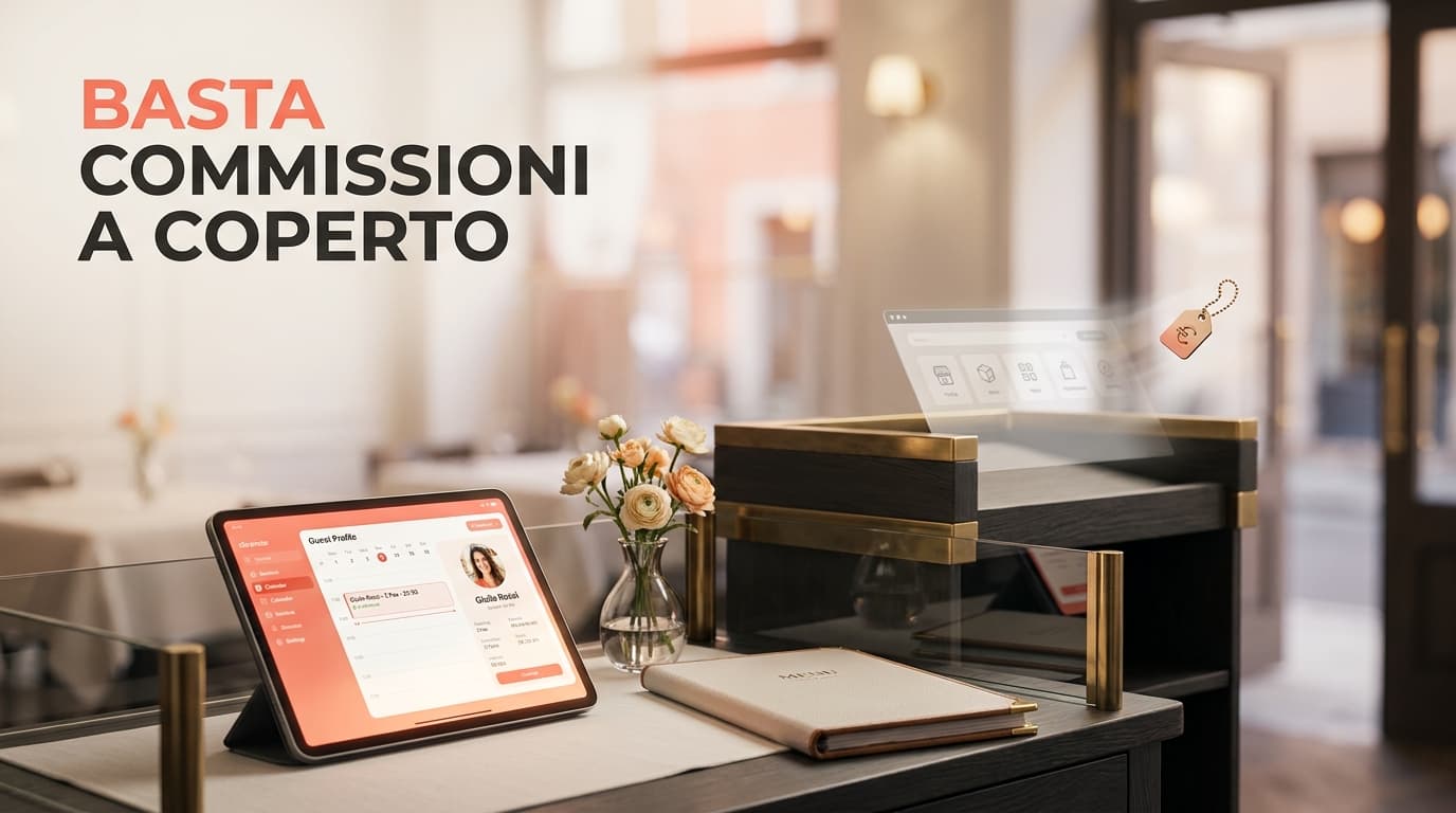Illustrazione 3D soft isometrica di un'alternativa a TheFork: un tablet con prenotazione diretta del ristorante connesso alla sala, accanto a un portale che si allontana, palette calda