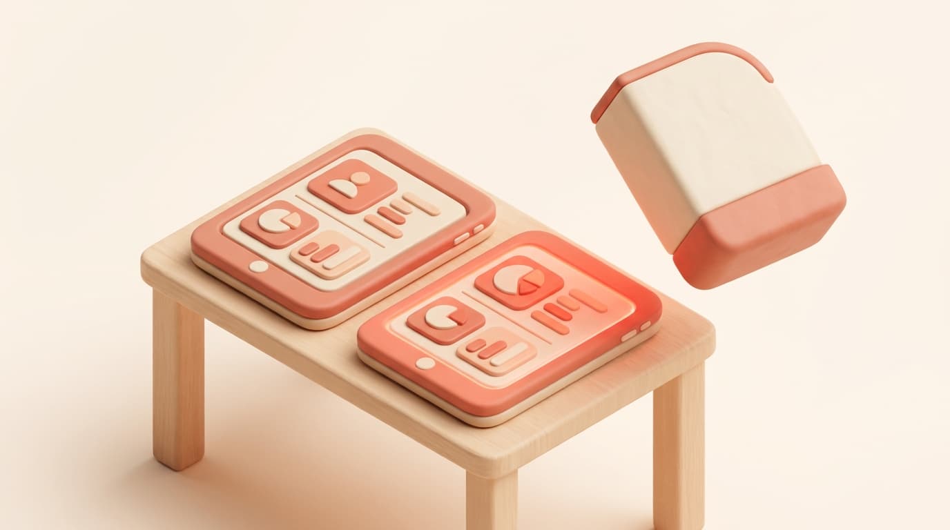 Scena 3D isometrica in coral e cream sul tema alternativa a Zucchetti per ristorante: due tablet gestionali generici a confronto, uno illuminato in coral, senza loghi e senza testo