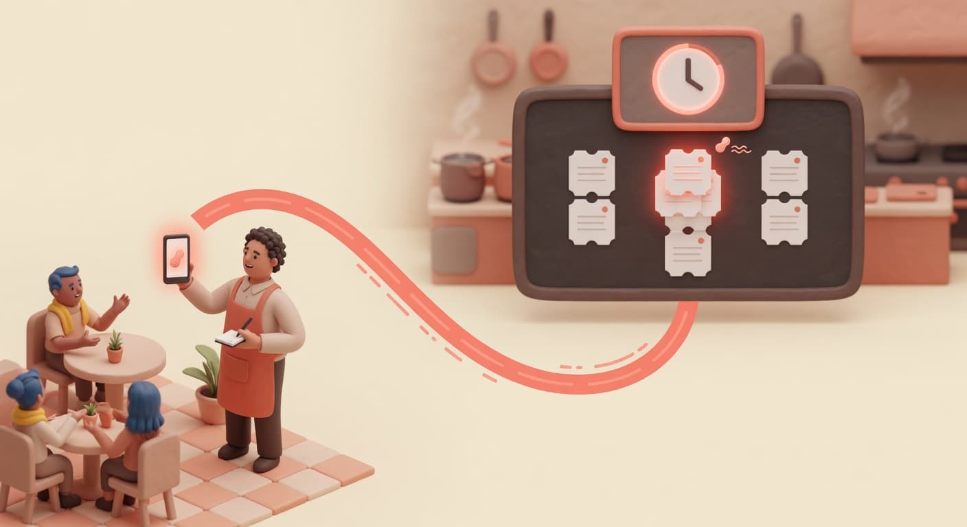 Comanda digitale per ristorante: un cameriere invia l'ordine dallo smartphone al KDS in cucina con le comande in tre colonne, illustrazione 3D isometrica soft