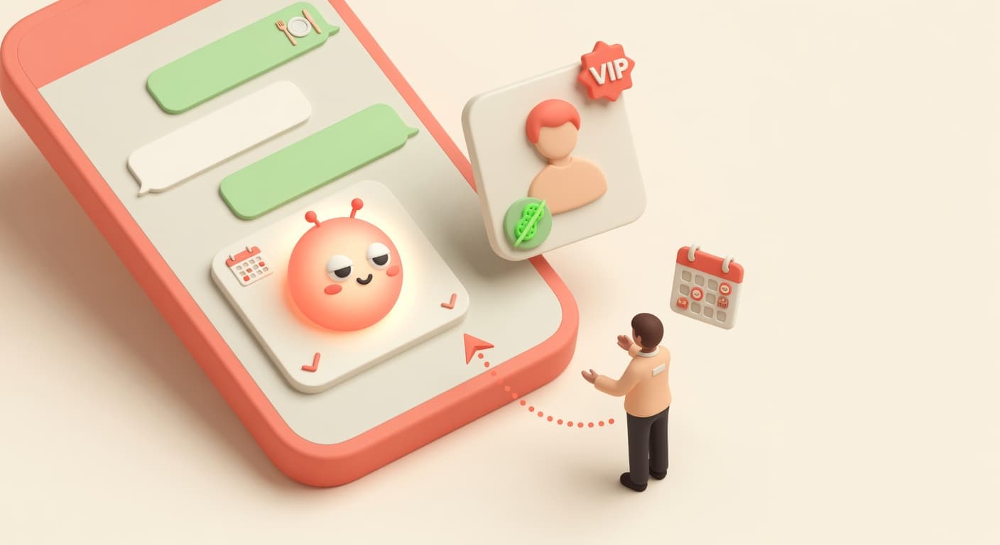 Assistente virtuale per ristoranti: chat WhatsApp con un'AI che conferma una prenotazione, scheda cliente con badge VIP e allergie e un calendario di sala accanto, illustrazione 3D isometrica soft
