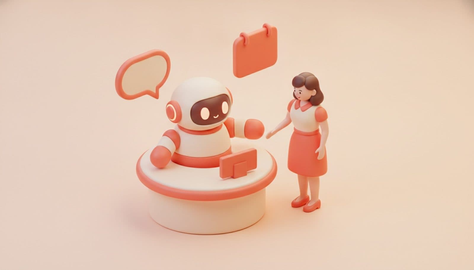 Illustrazione 3D isometrica soft: automazione in accoglienza al ristorante, con un piccolo robot corallo al leggio che accoglie un ospite, telefono con bolla di chat e scheda calendario sospesi sopra, palette coral e crema