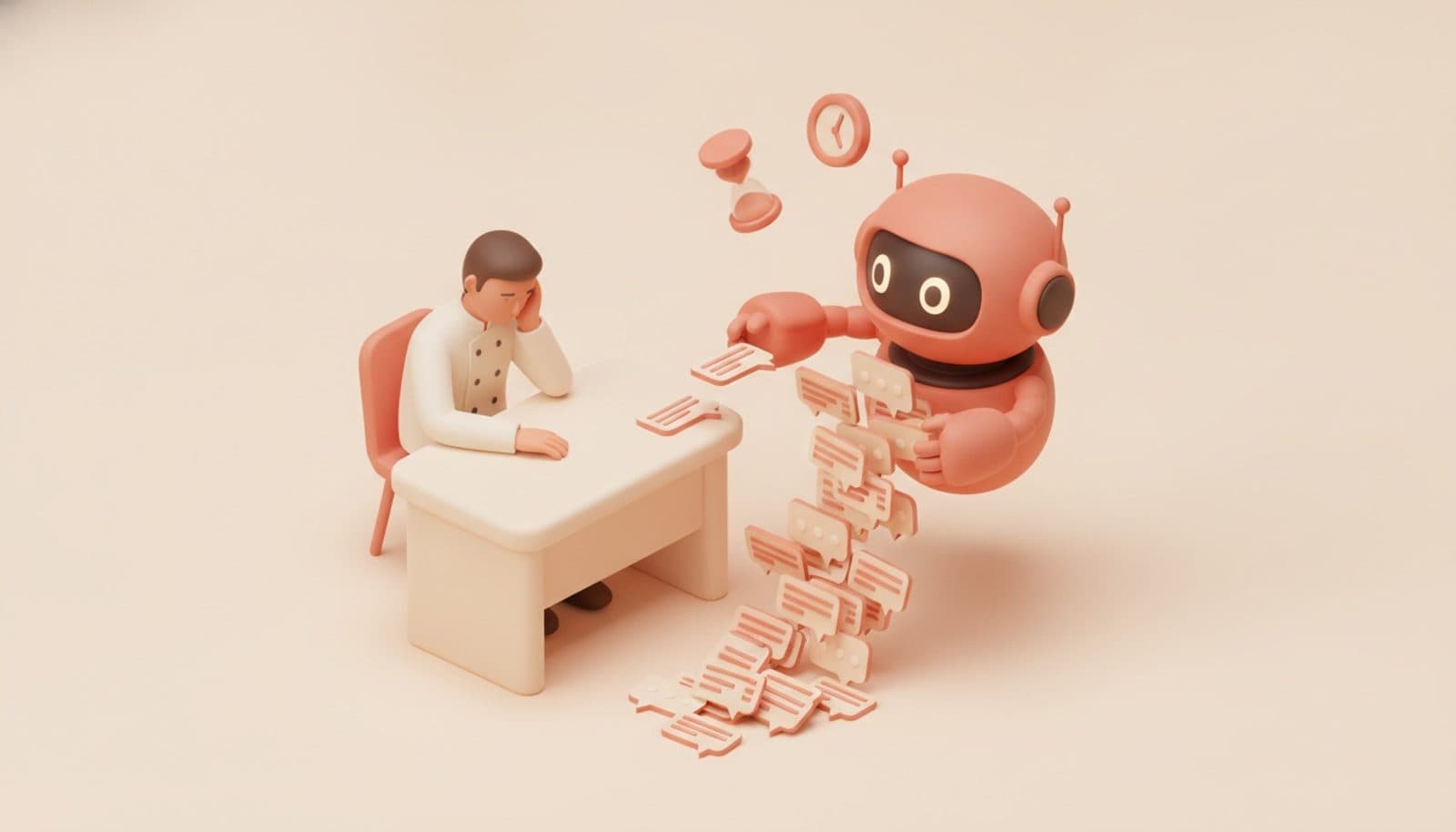 Illustrazione 3D isometrica soft sul tema automazione delle risposte in ristorante: ristoratore alla scrivania e assistente AI corallo che intercetta una cascata di messaggi lasciandone passare solo pochi, clessidra e orologio, palette coral e crema
