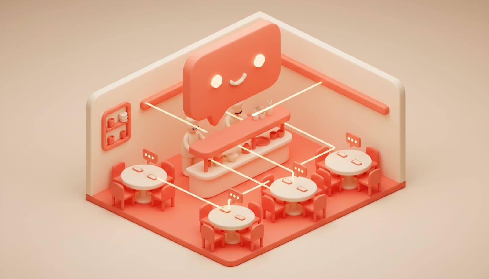 Illustrazione 3D isometrica soft sulle campagne WhatsApp per ristorante: sala in argilla con una grande nuvoletta di chat corallo sospesa sopra il bancone e collegata ai tavoli, dove piccole nuvolette si accendono, palette coral e crema