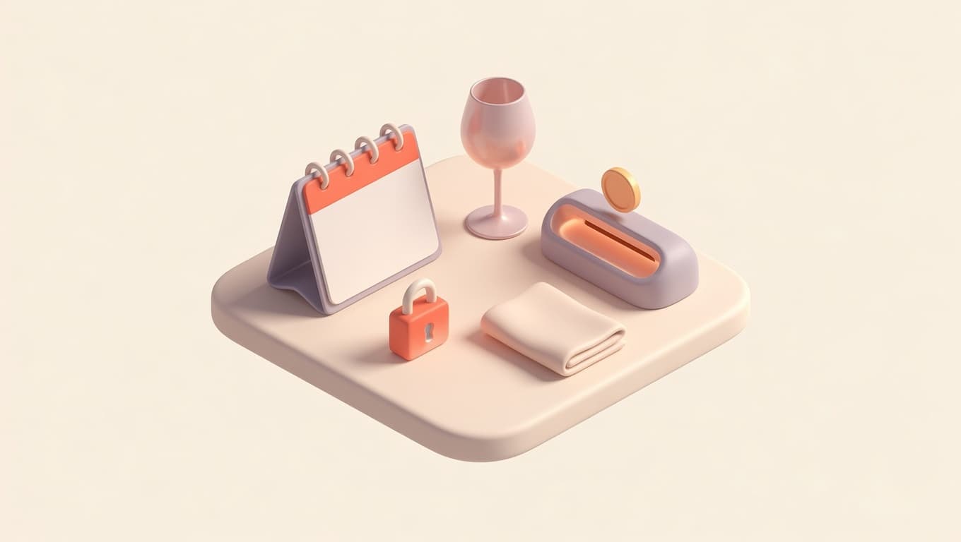 Illustrazione 3D isometrica di un tavolo di ristorante prenotato con calendario, lucchetto e caparra versata in una fessura