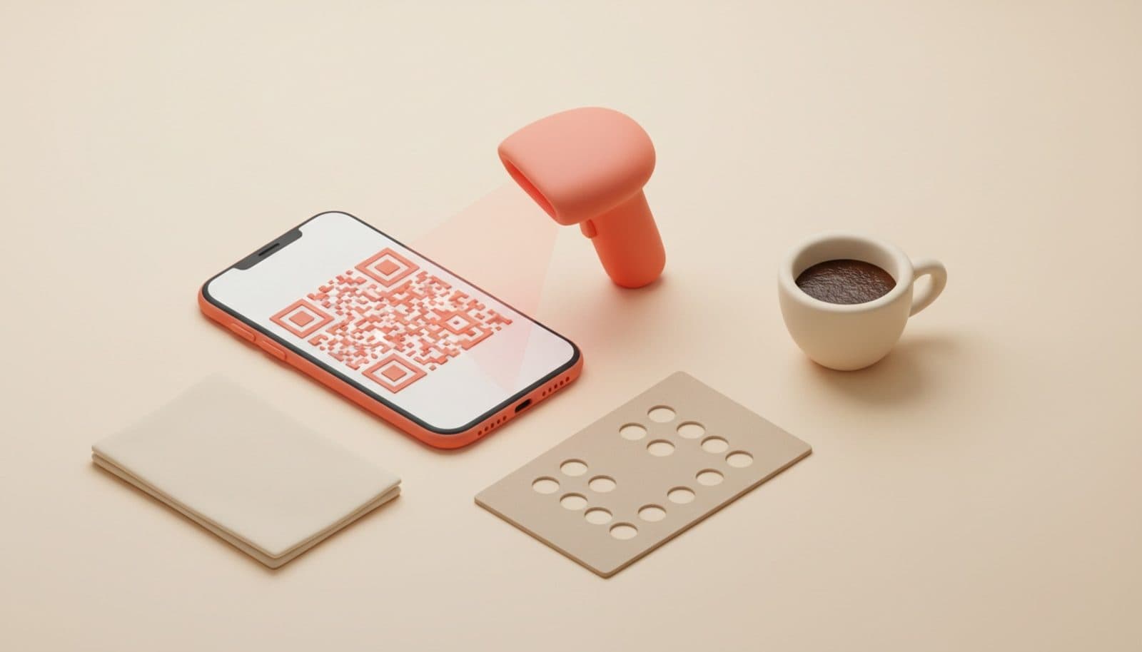 Illustrazione 3D isometrica soft sulla carta fedeltà digitale per ristorante: smartphone con QR code corallo su un tavolo accanto a una vecchia tessera punti di cartone e a uno scanner che proietta un fascio di luce, palette coral e crema