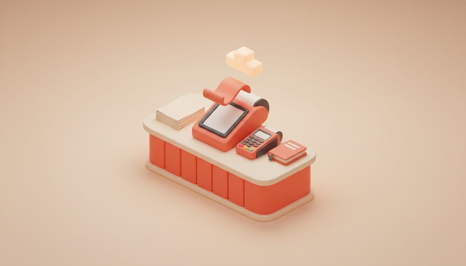 Illustrazione 3D isometrica soft su cassa e fatturazione del ristorante: terminale di pagamento corallo su un bancone, documento che si solleva e diventa una nuvola, registro contabile accanto, palette coral e crema