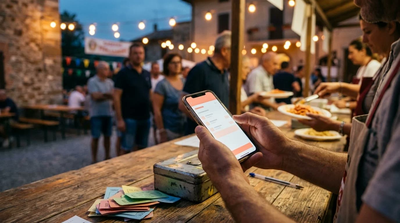 Cassa per sagre: illustrazione 3D isometrica di uno stand di paese con cassa su tablet, ticket numerati e un banco cucina con la fila di persone, in toni corallo su crema