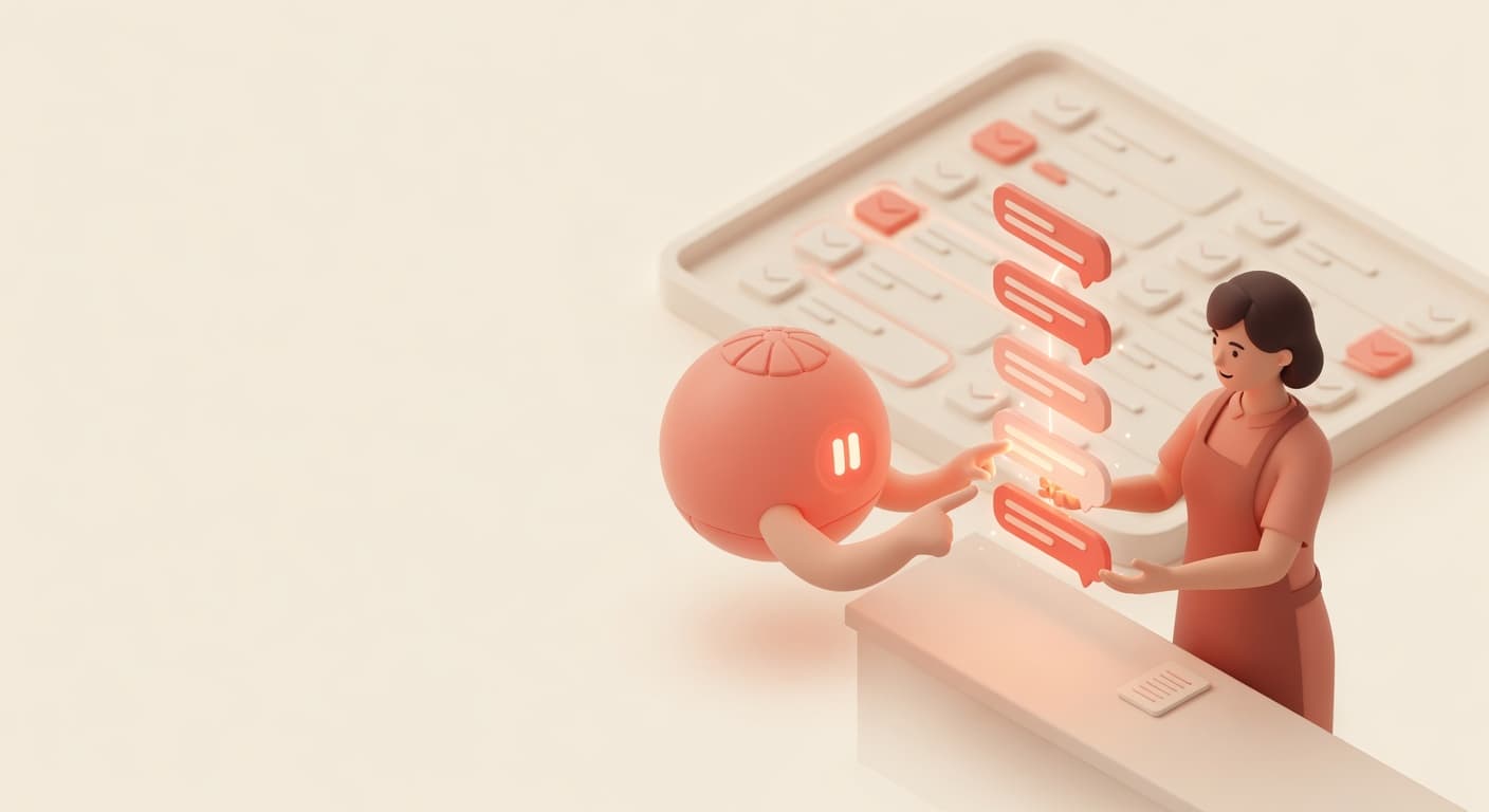 Passaggio dal chatbot all'operatore in un ristorante: una chat AI che cede la conversazione a un membro dello staff con un clic, illustrazione 3D isometrica soft
