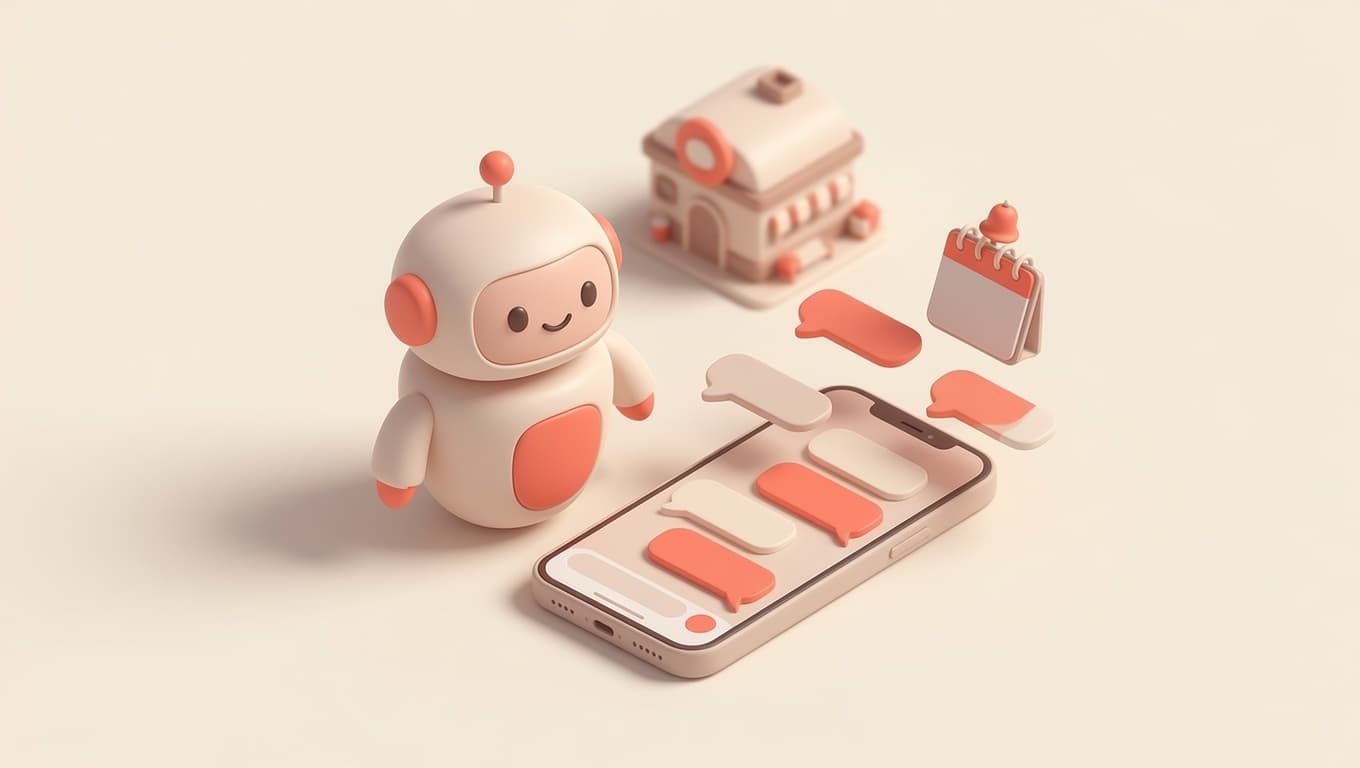 Chatbot WhatsApp per ristorante italiano: assistente bot accanto a uno smartphone con chat e calendario delle prenotazioni, illustrazione 3D isometrica soft
