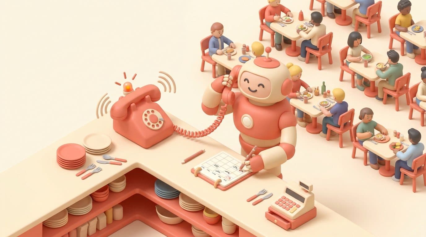 Illustrazione 3D isometrica soft sulle chiamate perse al ristorante: telefono corallo che squilla su un bancone mentre la sala è piena, robottino che risponde e scrive la prenotazione su un calendario, palette coral e crema