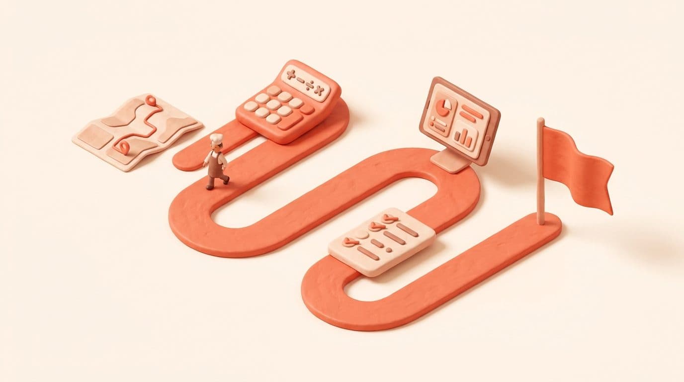 Illustrazione 3D isometrica soft su come scegliere il gestionale del ristorante: ristoratore in miniatura davanti a un percorso a cinque tappe con mappa, calcolatrice, checklist, tablet in prova e bandierina finale, palette coral e crema