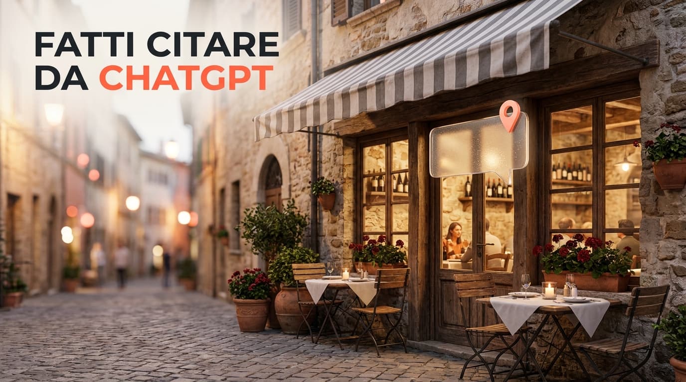 Illustrazione 3D soft isometrica di un ristorante citato da ChatGPT: insegna di un locale collegata a una bolla di chat AI e a un'icona di ricerca, con marcatori mappa e stelle di recensione