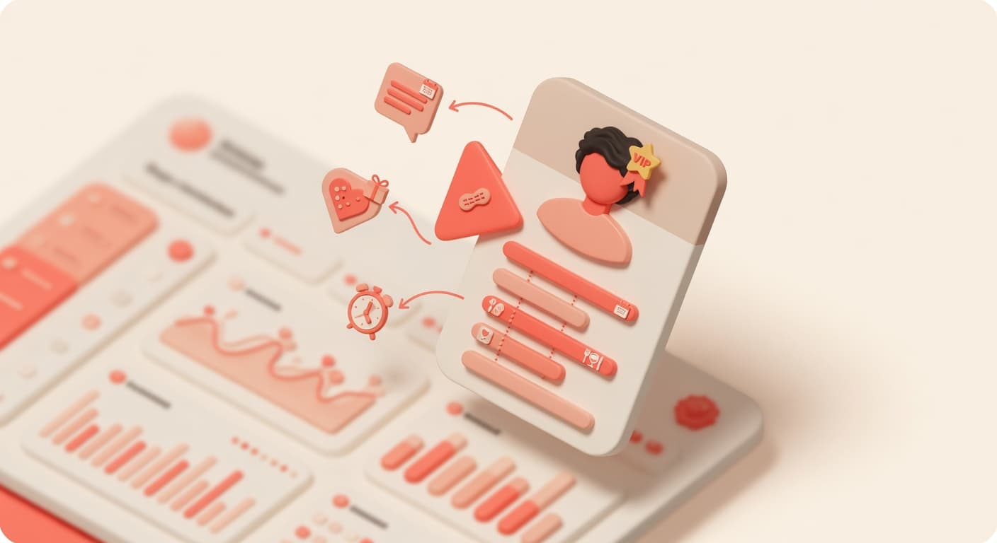 CRM per ristorante: scheda cliente con storico visite, badge VIP e flag allergie, alimentata da prenotazioni, chat e fidelity, illustrazione 3D isometrica soft