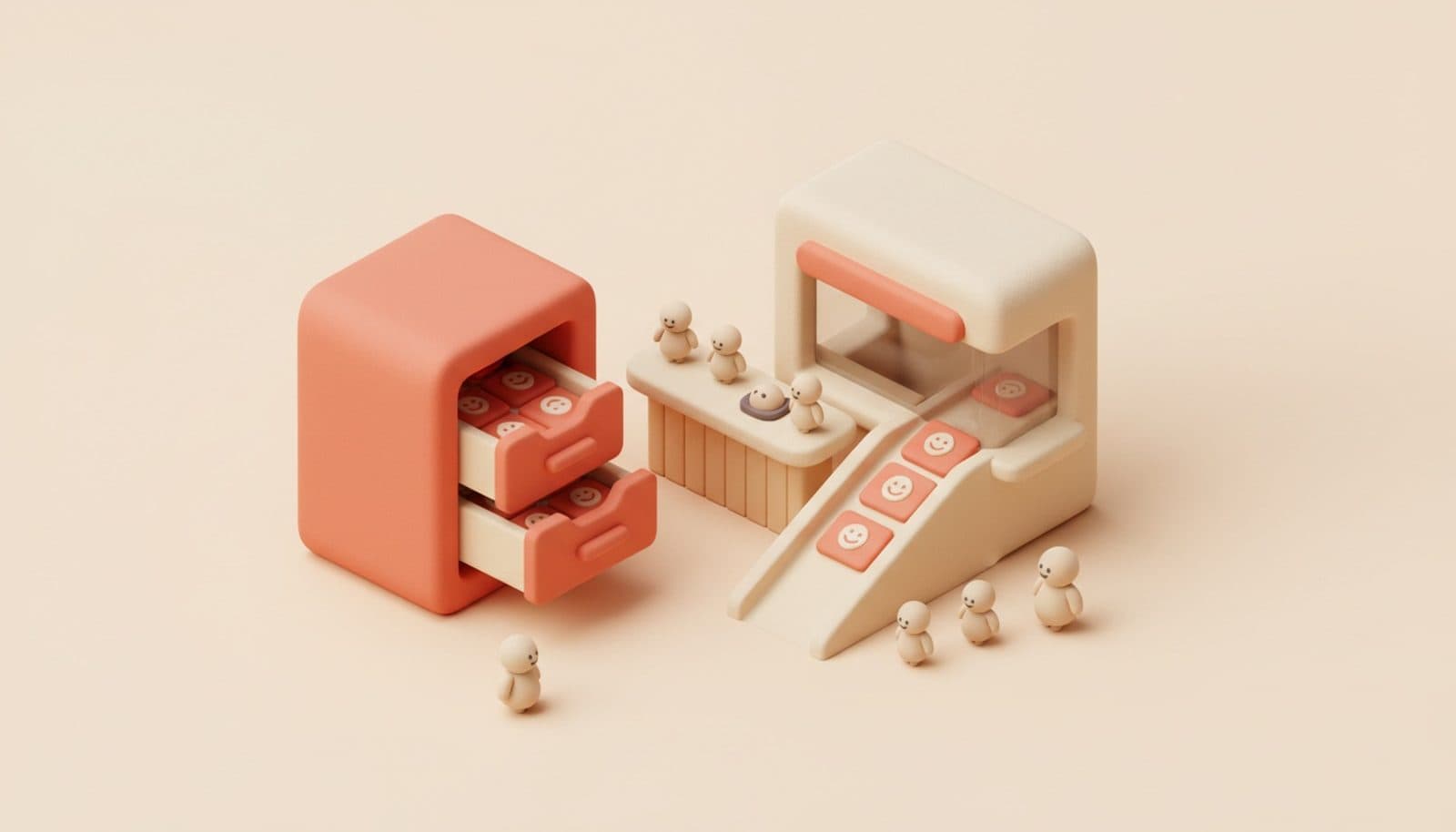 Illustrazione 3D isometrica soft sul database clienti del ristorante: schedario in argilla corallo accanto al bancone con piccole figure di clienti che diventano schede e scivolano nei cassetti, palette coral e crema