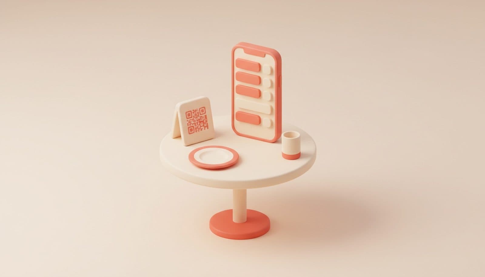 Illustrazione 3D isometrica soft sul design di un menu QR: tavolino con espositore del codice QR e smartphone che mostra il menù a blocchi corallo su crema, piatto e bicchiere accanto