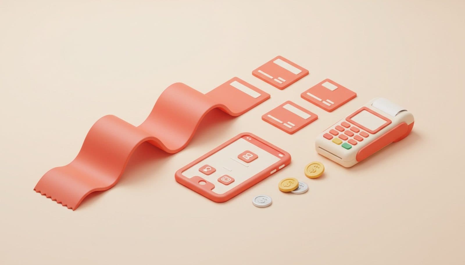 Illustrazione 3D isometrica soft su come dividere il conto al ristorante: uno scontrino lungo che si separa in tre ricevute distinte accanto a carte, monete e terminale di pagamento, palette coral e crema