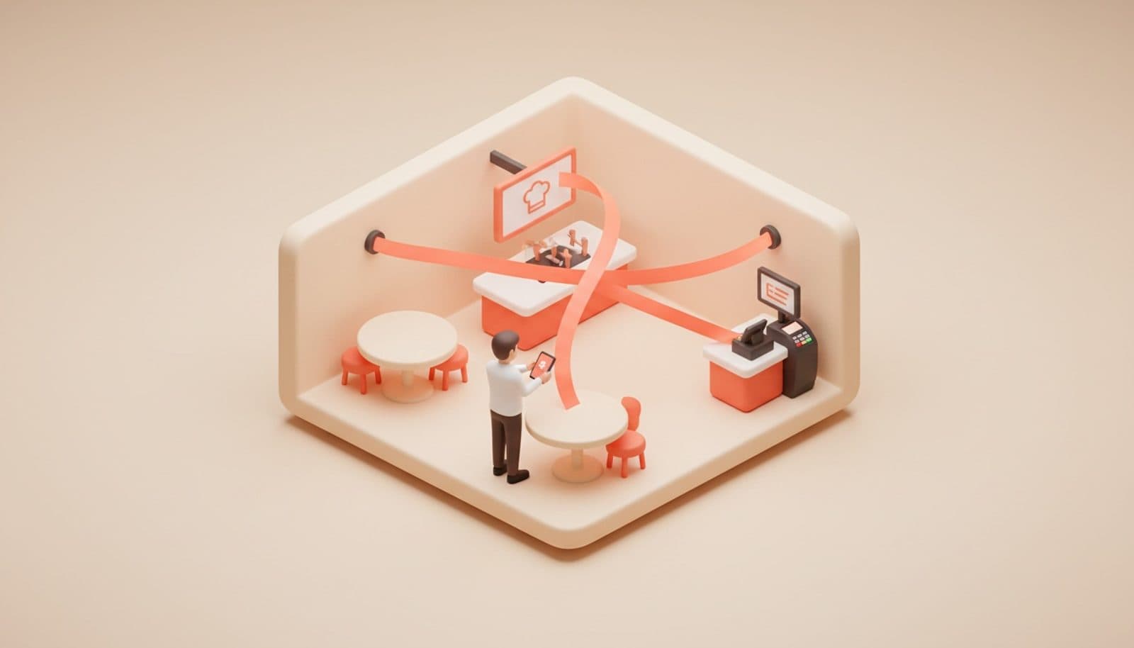 Illustrazione 3D isometrica soft sul flusso di efficienza operativa del ristorante: sala in sezione con cameriere al palmare, monitor in cucina e terminale di cassa collegati da nastri corallo che seguono il percorso della comanda