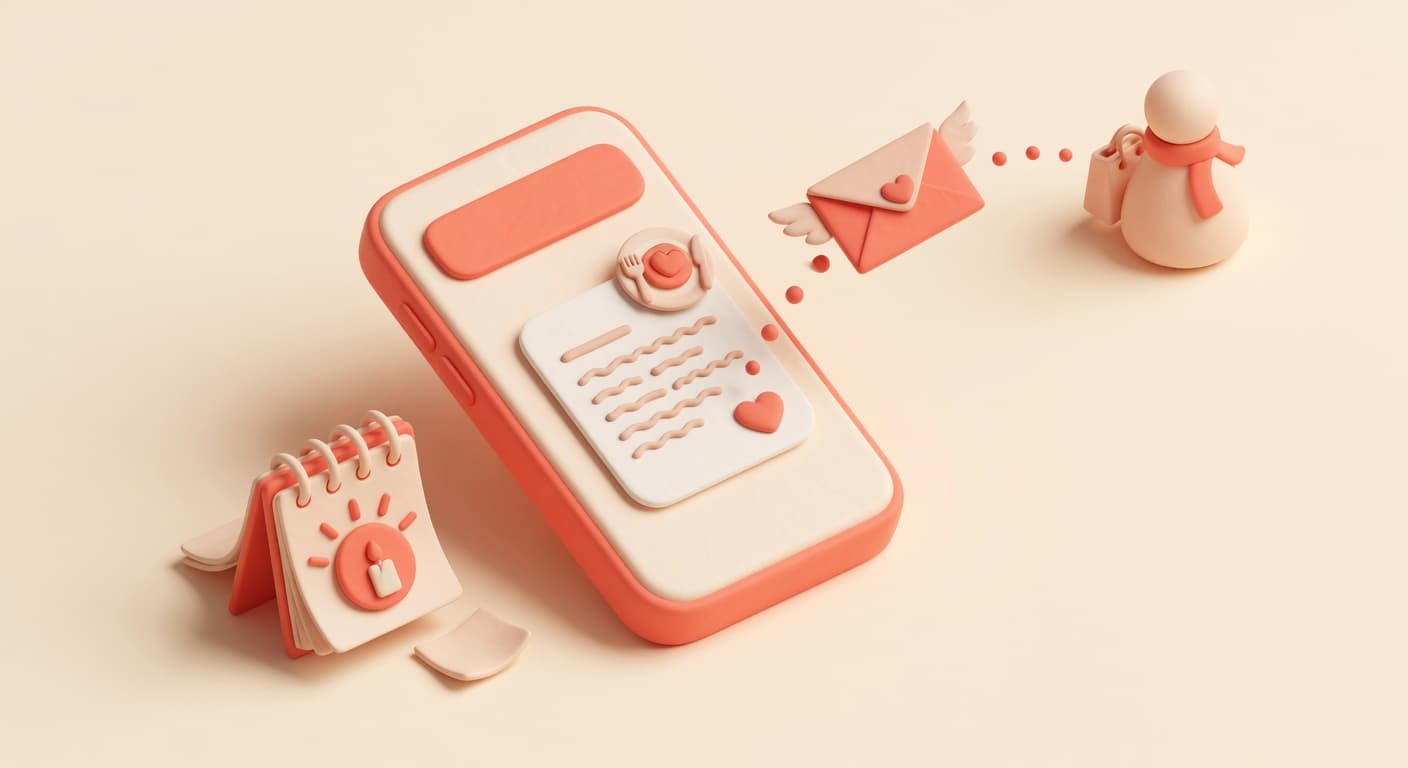 Email marketing per ristorante: email di ringraziamento sullo smartphone e una busta che torna a un cliente, calendario con compleanno, illustrazione 3D isometrica soft