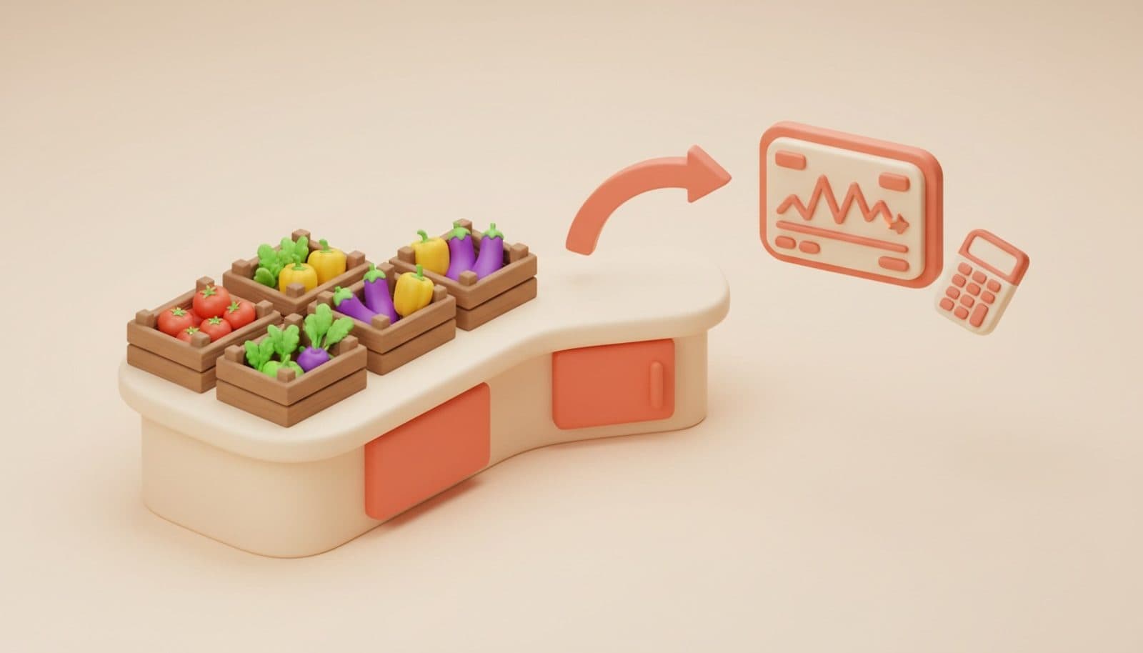 Illustrazione 3D isometrica soft sul food cost dinamico: casse di ingredienti su un bancone e un pannello corallo con la linea dei prezzi che sale e scende, calcolatrice e quaderno delle ricette accanto, palette coral e crema