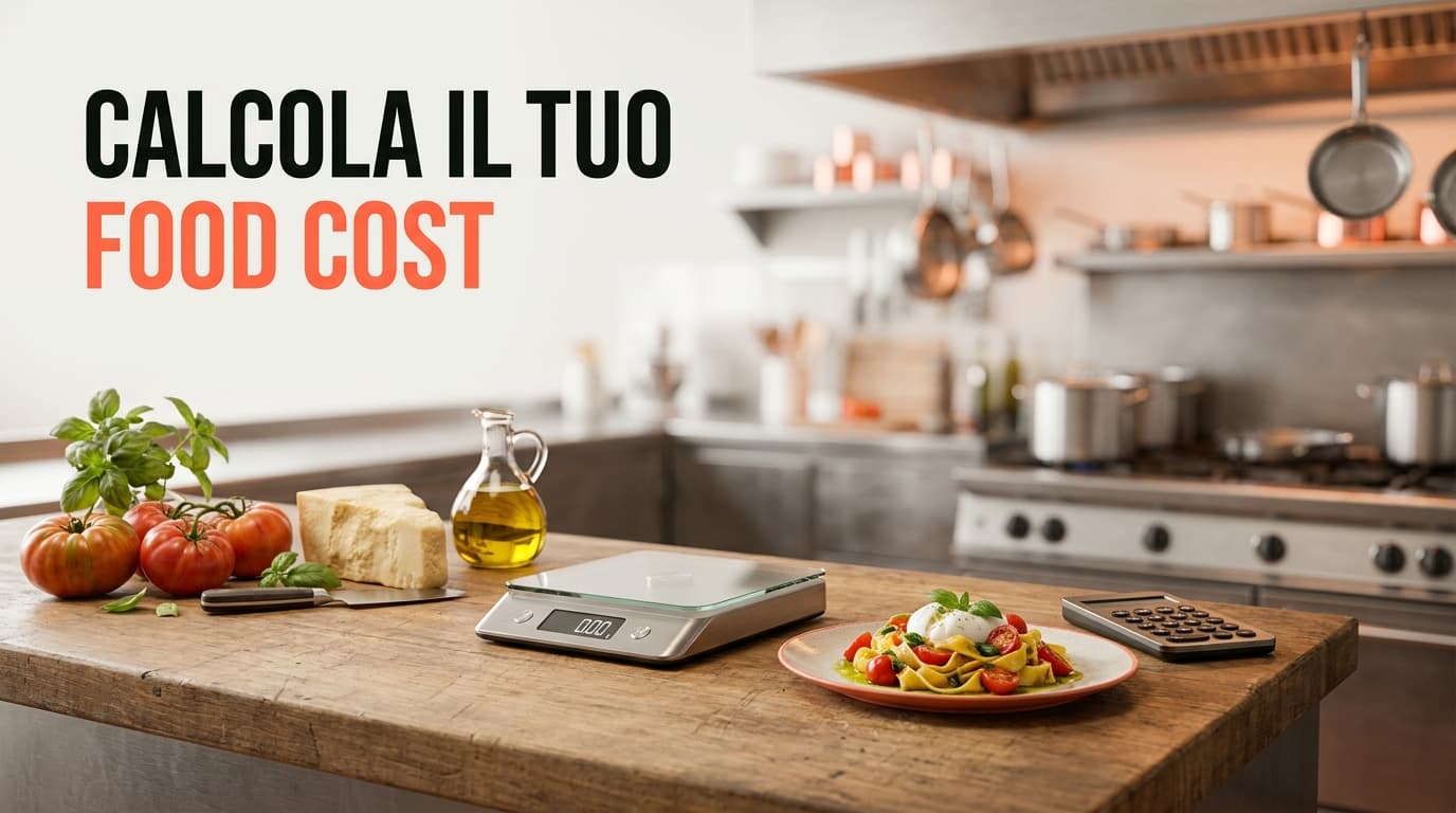 Illustrazione 3D soft isometrica del food cost di un ristorante: un piatto su una bilancia accanto a calcolatrice, monete e cartellino prezzo, toni coral e crema