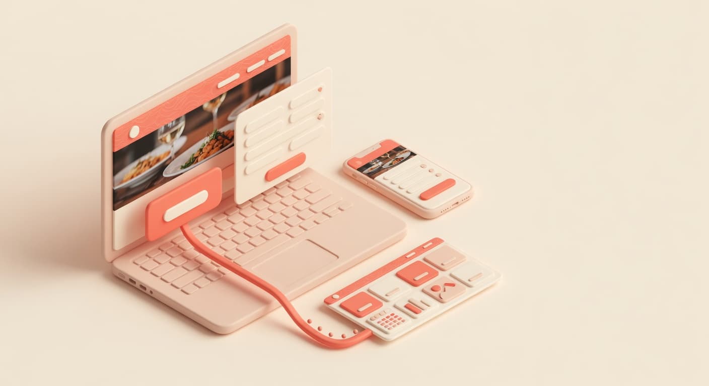 Form di prenotazione sul sito del ristorante: pulsante Prenota e modulo su laptop e smartphone che entra nel gestionale, illustrazione 3D isometrica soft
