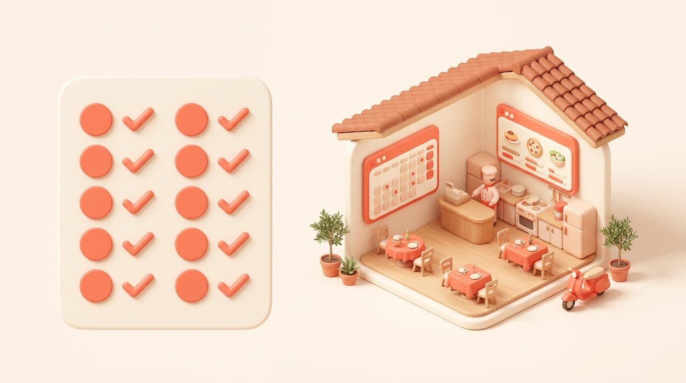 Illustrazione 3D isometrica soft delle funzionalità di un gestionale ristorante: checklist con dodici caselle spuntate accanto a un locale in miniatura con agenda, tavoli e schermo di cucina, palette coral e crema
