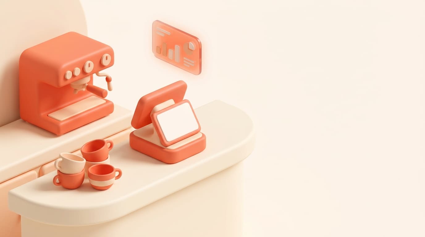 Scena 3D isometrica in coral e cream sul tema gestionale bar: bancone con macchina del caffè, tablet POS, tazzine e una piccola dashboard, senza testo