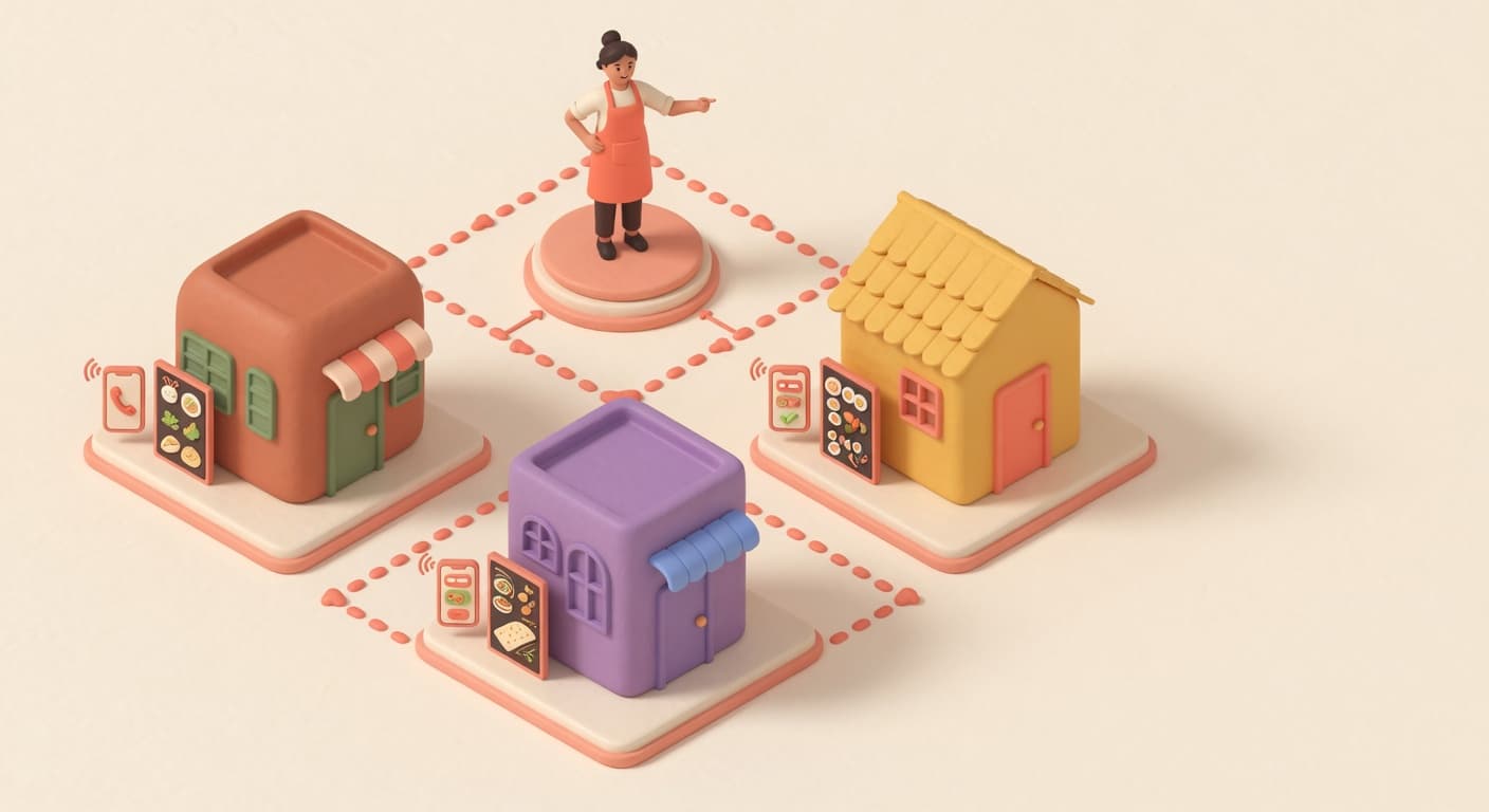 Gestionale multi-sede per ristoranti: dashboard con un selettore di sede che collega tre locali diversi, illustrazione 3D isometrica soft