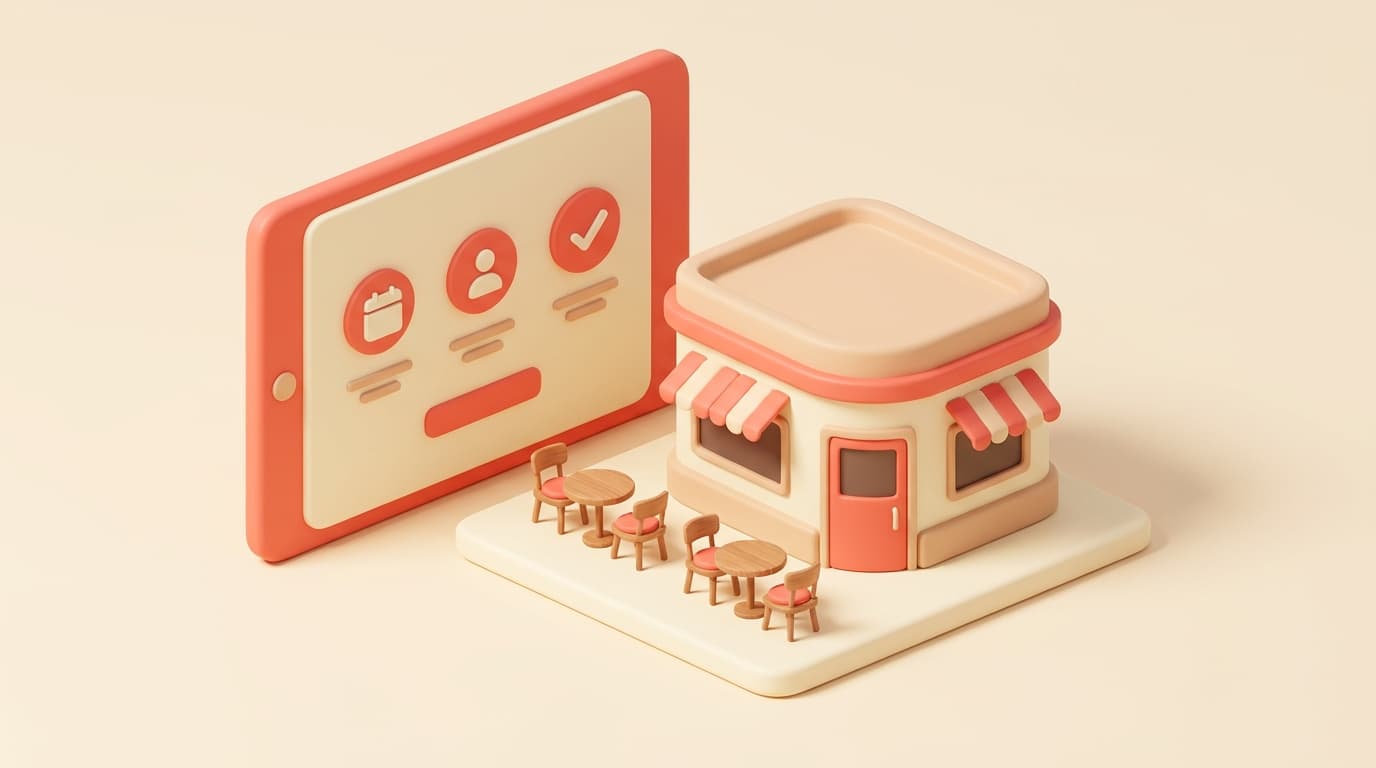 Scena 3D isometrica in coral e cream di un piccolo ristorante con un gestionale per piccoli ristoranti su tablet, pochi tavoli e blocco prenotazioni, senza testo