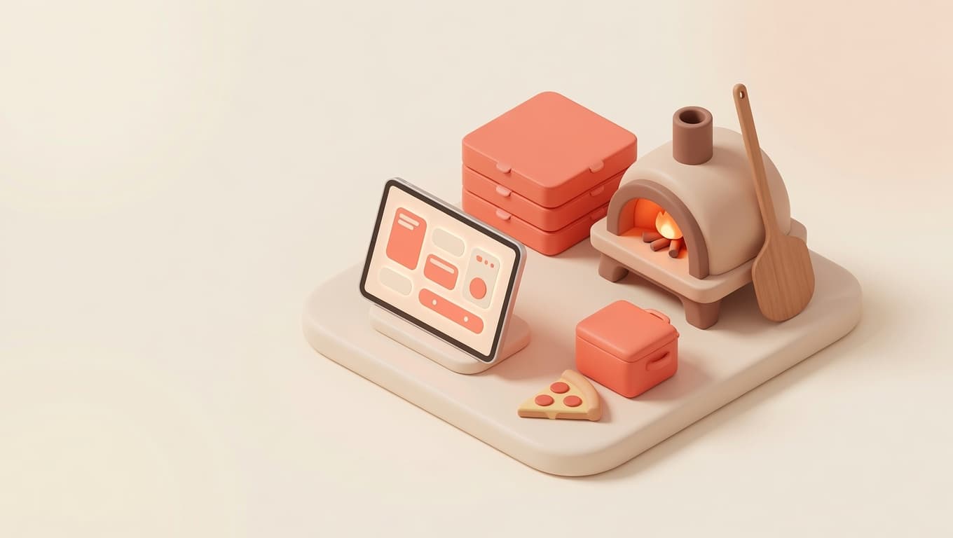Illustrazione 3D soft isometrica di un software gestione pizzeria: forno a cupola, banco con cassa RT, comande in coda e box d'asporto, palette pastello morbida