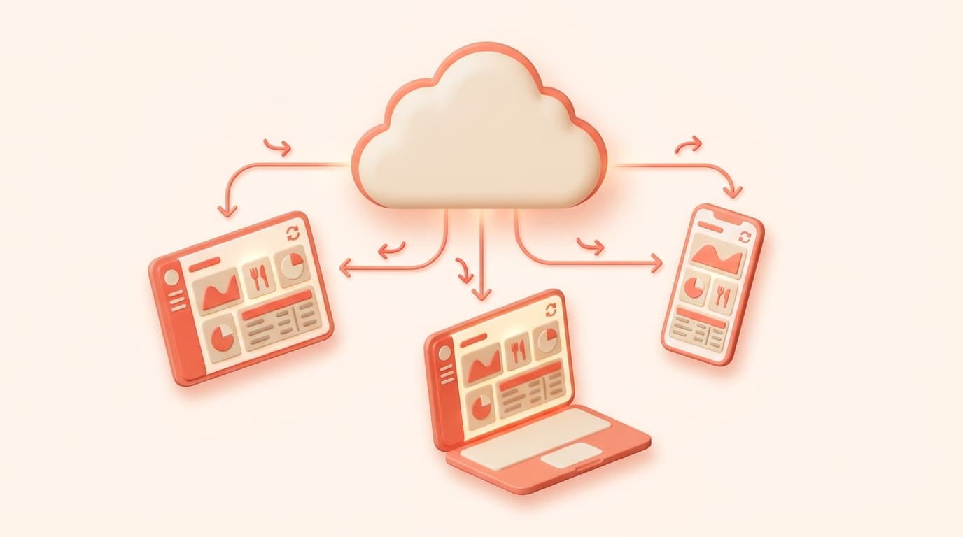 Scena 3D isometrica in coral e cream sul gestionale ristorante cloud: una nuvola collegata a tablet, telefono e laptop con la stessa dashboard sincronizzata, frecce di sincronizzazione, senza testo