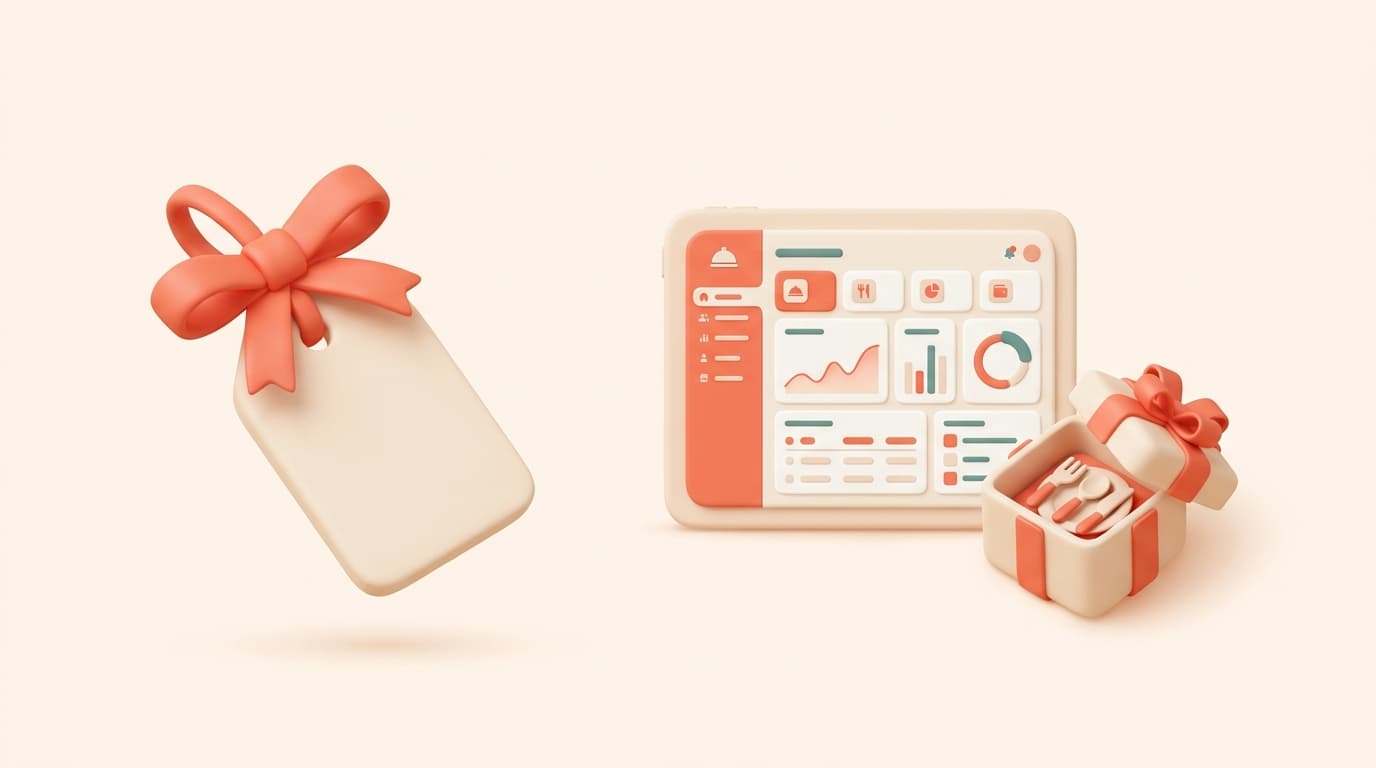 Scena 3D isometrica in coral e cream sul tema gestionale ristorante gratis: un cartellino prezzo senza cifre con nastro coral accanto a un tablet con dashboard e un piccolo regalo, senza testo
