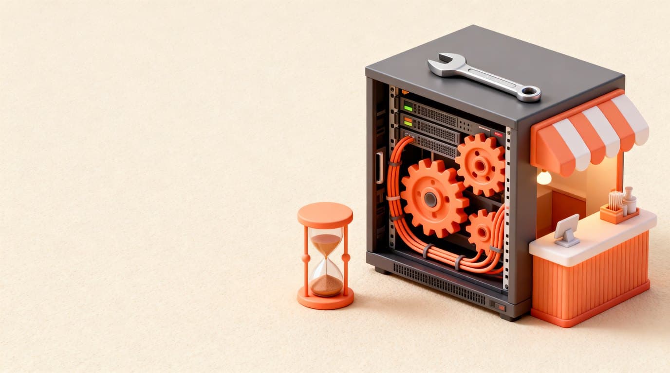 Gestionale ristorante open source: illustrazione 3D isometrica di un server aperto con ingranaggi coral e cavi, una chiave inglese appoggiata sopra, una clessidra accanto e un piccolo bancone da ristorante con tenda a righe