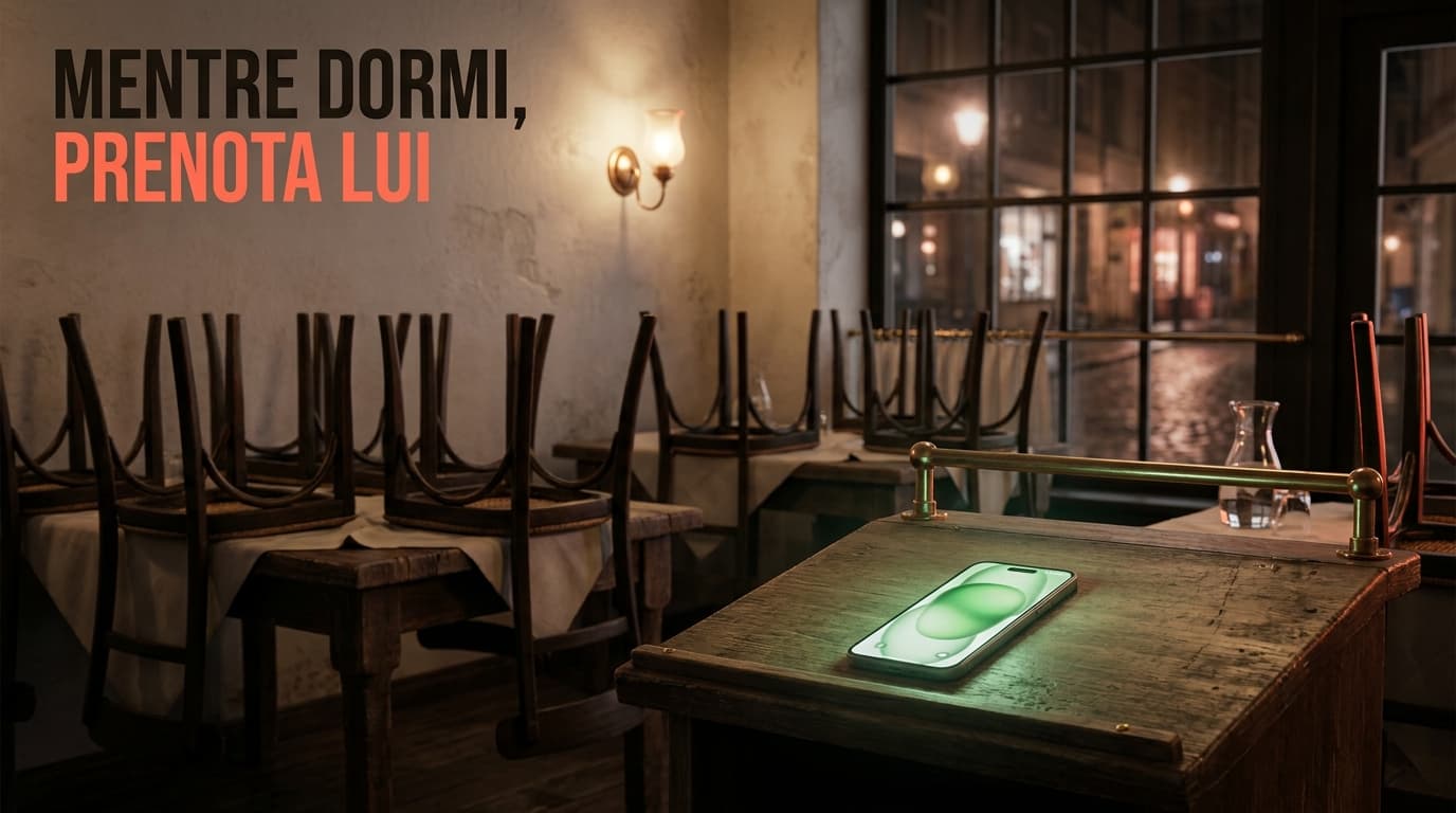 Gestionale con WhatsApp integrato per ristorante: chat WhatsApp collegata al calendario di sala e all'anagrafica clienti, illustrazione 3D isometrica soft