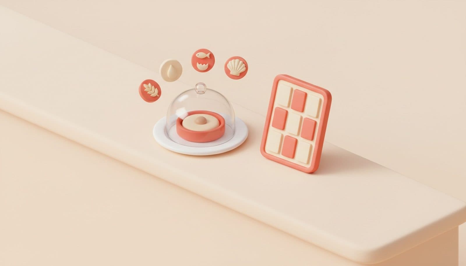 Illustrazione 3D isometrica soft sulla gestione allergeni al ristorante: piatto sotto campana, tablet con menù digitale e icone degli allergeni che fluttuano sopra, palette coral e crema
