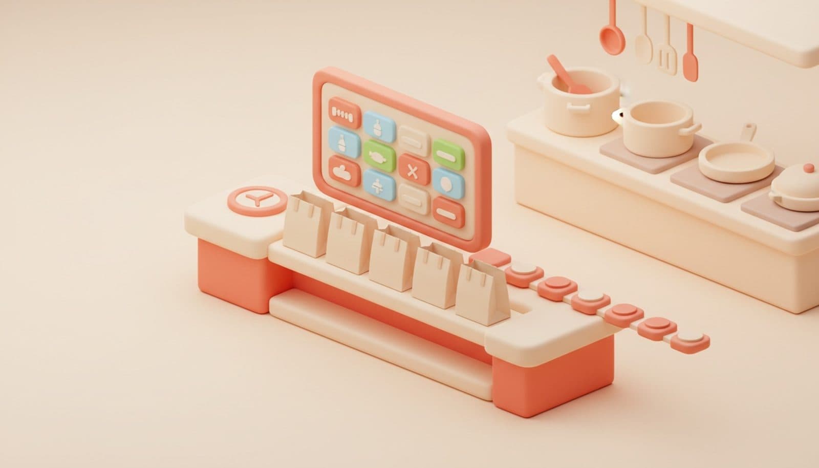 Illustrazione 3D isometrica soft sulla gestione ordini asporto: passe di cucina con monitor comande corallo, sacchetti da ritiro sulla mensola calda e una linea di fasce orarie, palette coral e crema