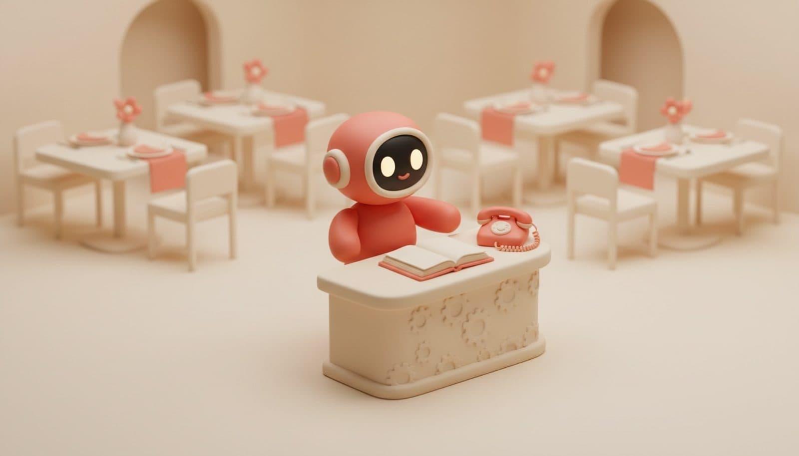 Illustrazione 3D isometrica soft di una hostess virtuale per ristorante: robottino corallo dietro il leggio della reception con registro prenotazioni e telefono, sala apparecchiata sullo sfondo, palette coral e crema