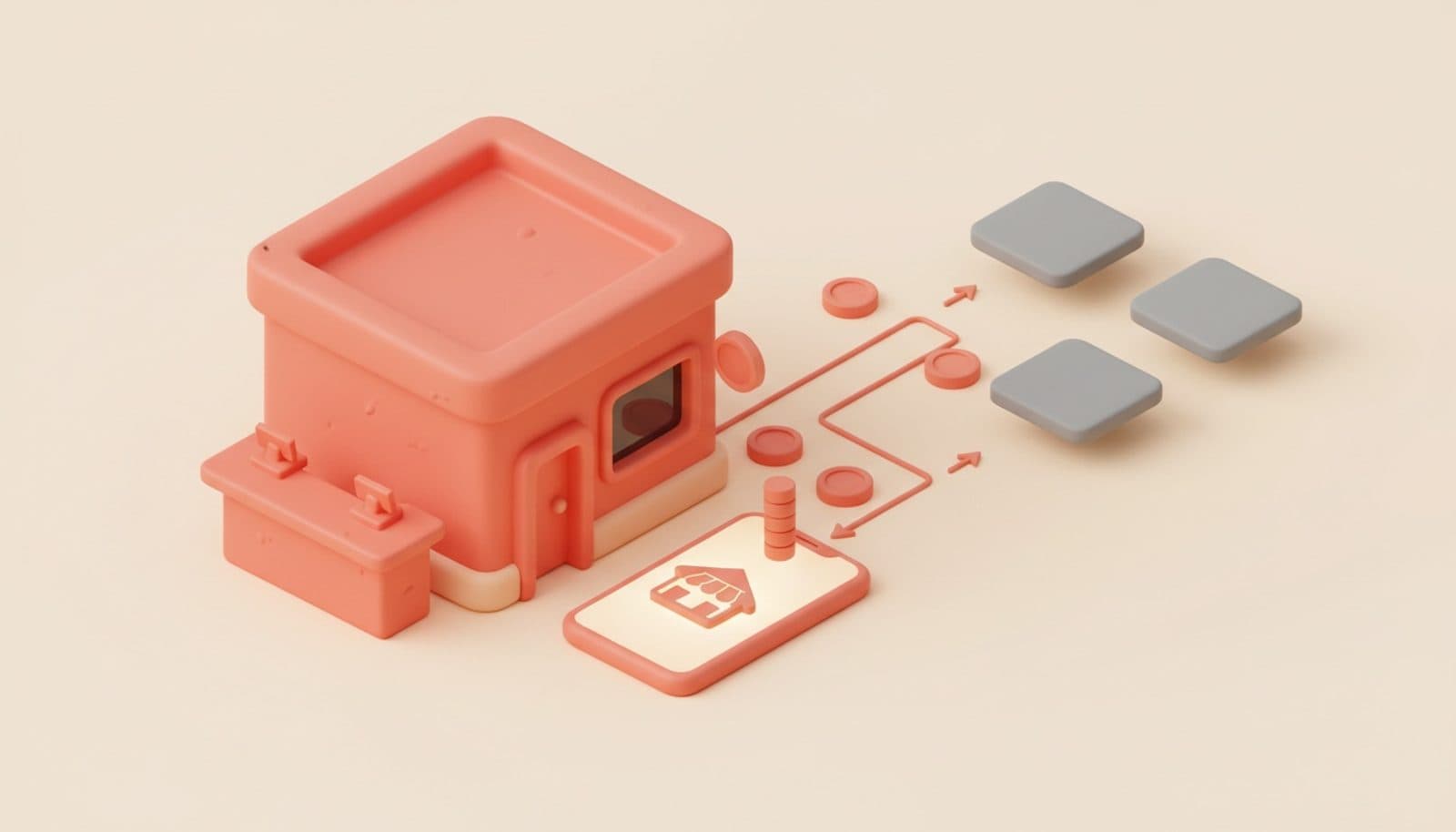 Illustrazione 3D isometrica soft sul tema indipendenza dai portali delivery: piccolo ristorante corallo con il proprio canale di ordini su smartphone, monete e dati che tornano al locale mentre le app dei portali restano sullo sfondo, palette coral e crema