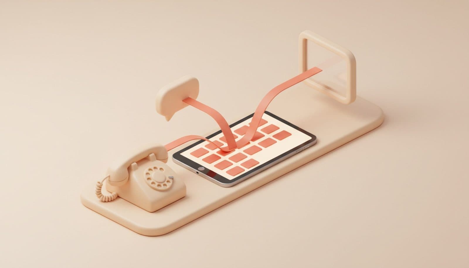 Illustrazione 3D isometrica soft: integrazione del gestionale ristorante con telefono, chat e finestra del sito che confluiscono con nastri corallo in un unico tablet con l'agenda delle prenotazioni, palette coral e crema