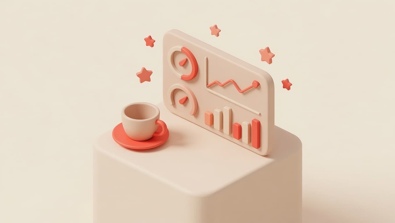 Illustrazione 3D soft isometrica di una dashboard KPI ristorante con grafici, numeri e indicatori di performance fluttuanti in toni pastello