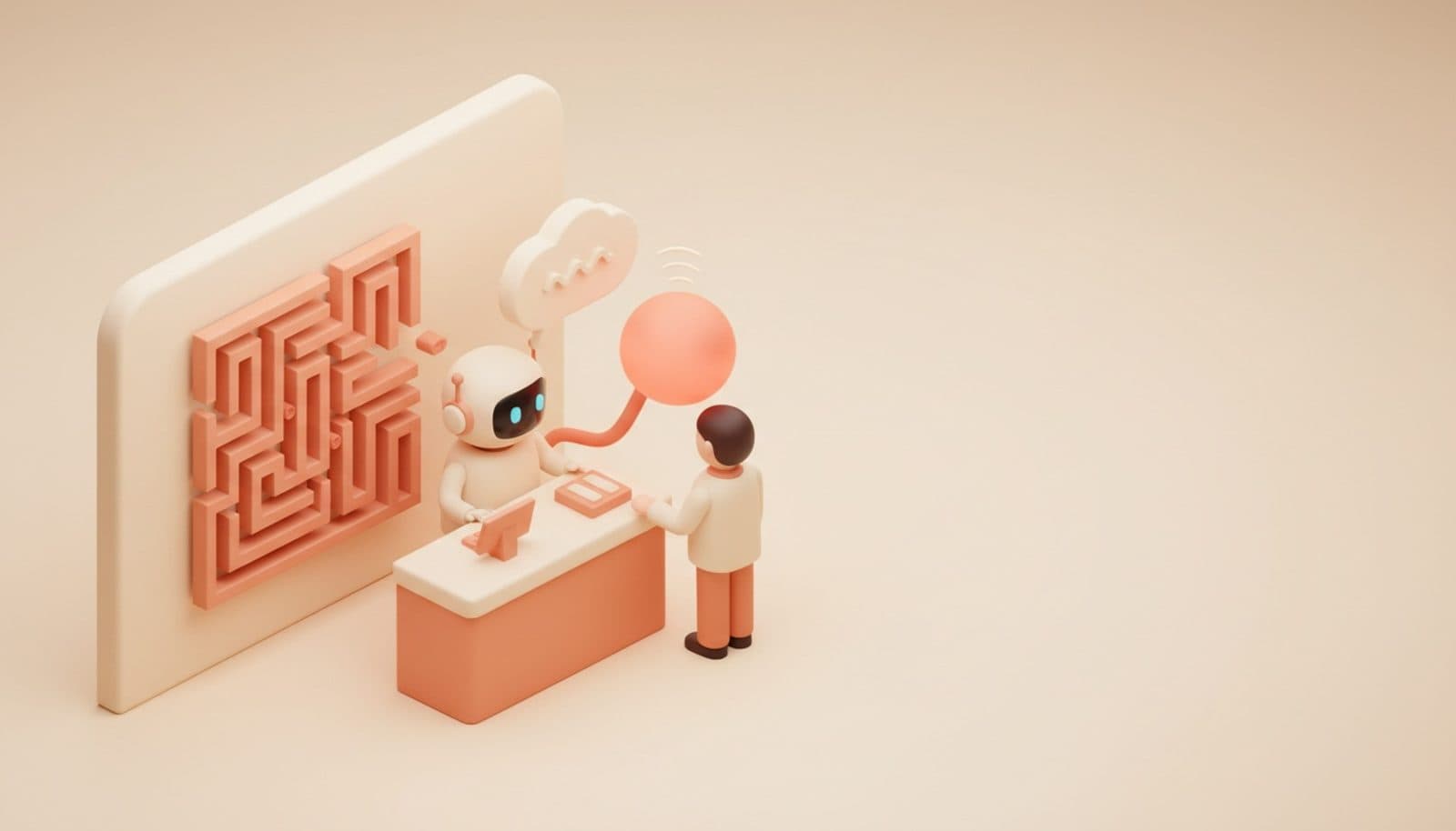 Illustrazione 3D isometrica soft sui limiti di un chatbot per ristorante: robottino al banco accoglienza davanti a un labirinto corallo di percorsi rigidi mentre passa la conversazione a una persona, palette coral e crema