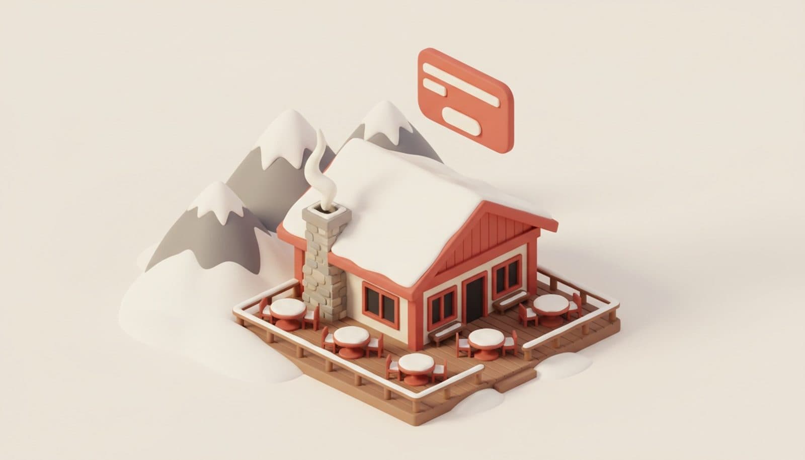 Illustrazione 3D isometrica soft sul marketing di un ristorante di montagna: baita corallo con terrazza in legno e tavoli sulla neve, cime innevate sullo sfondo, camino che fuma e scheda di prenotazione sospesa sopra il tetto, palette coral e crema
