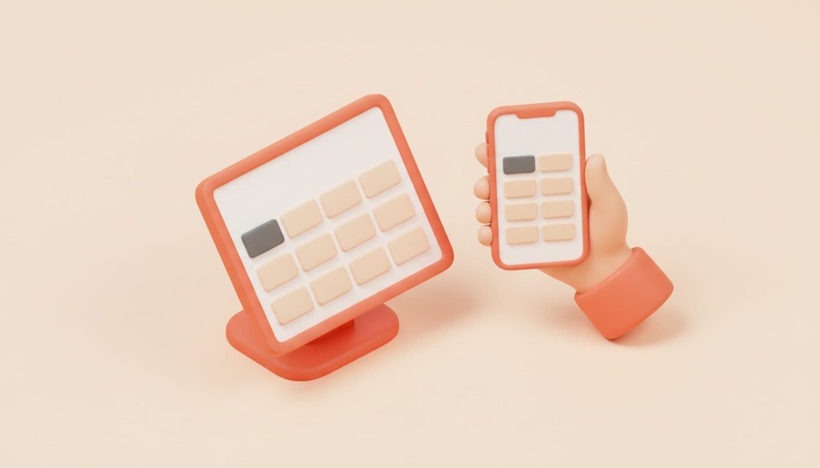 Illustrazione 3D isometrica soft sul menu digitale asporto: tablet sul pass della cucina con una griglia di piatti e due caselle spente, mano che tiene uno smartphone con la stessa griglia, palette coral e crema