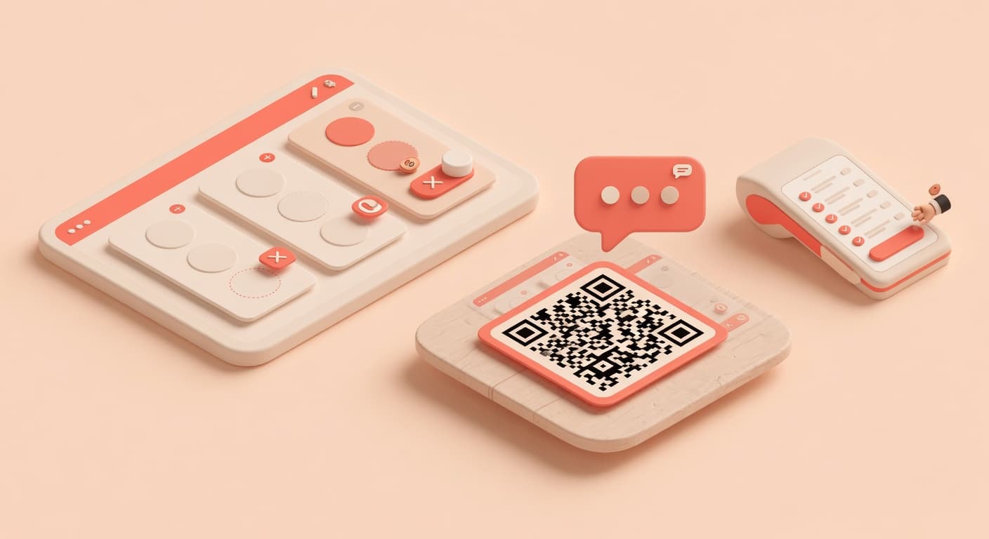 Menù digitale per ristorante: tablet con la carta modificabile nella dashboard, lo stesso menu su QR al tavolo, chatbot e app del cameriere, illustrazione 3D isometrica soft