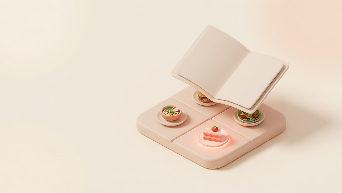 Matrice menu engineering a quattro quadranti con piatti di ristorante posizionati per popolarità e margine, illustrazione 3D isometrica morbida